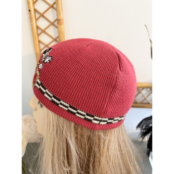 Vintage Mickey Mouse Red XS Beanie Auto Racing 28‎ Flag Checkers Hat Cap Unisex main image 4